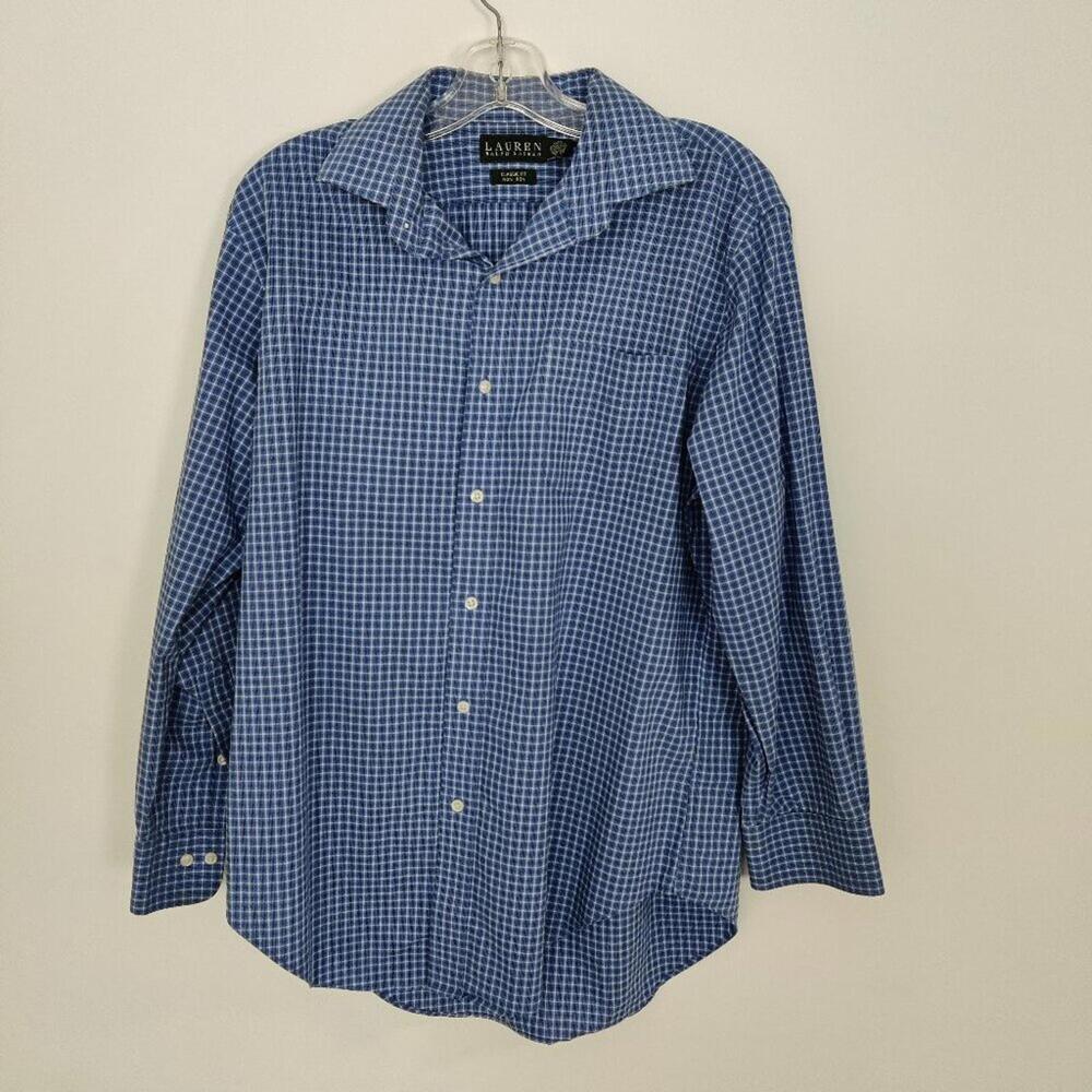 Lauren Ralph Lauren Men's Blue Plaid Shirt Size 16 Non Iron 100% Cotton